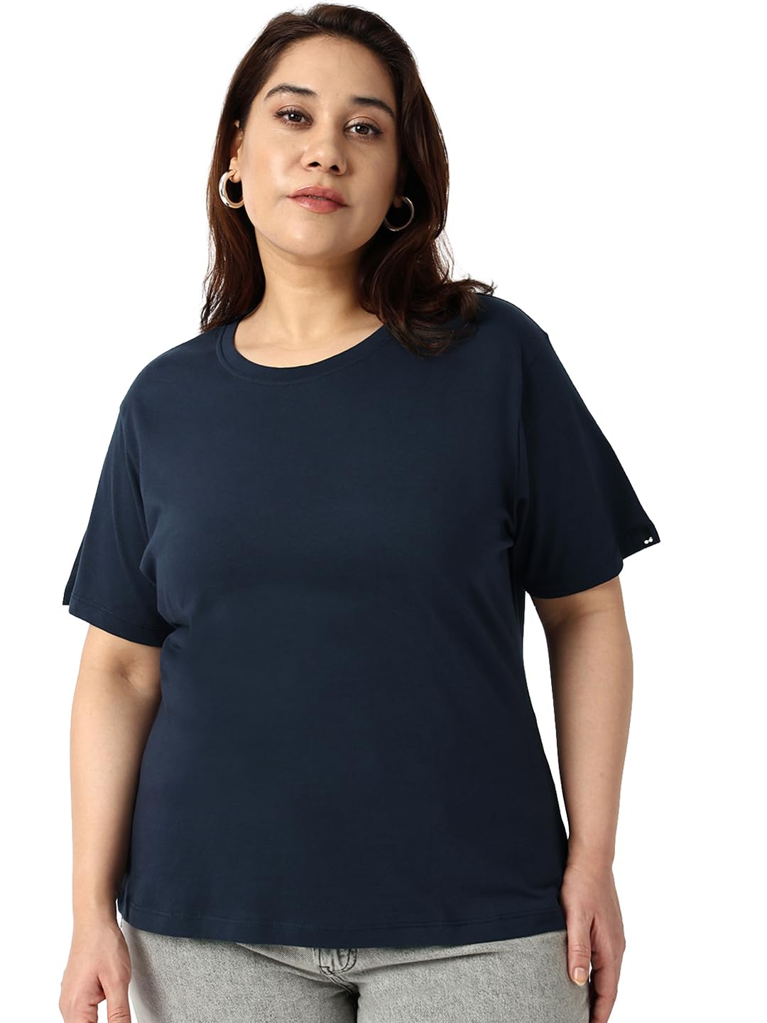Bewakoof Womens Solid Regular Fit Half Sleeve Round Neck Cotton Jersey Plus Size T-Shirt_591691_Blue_3XL