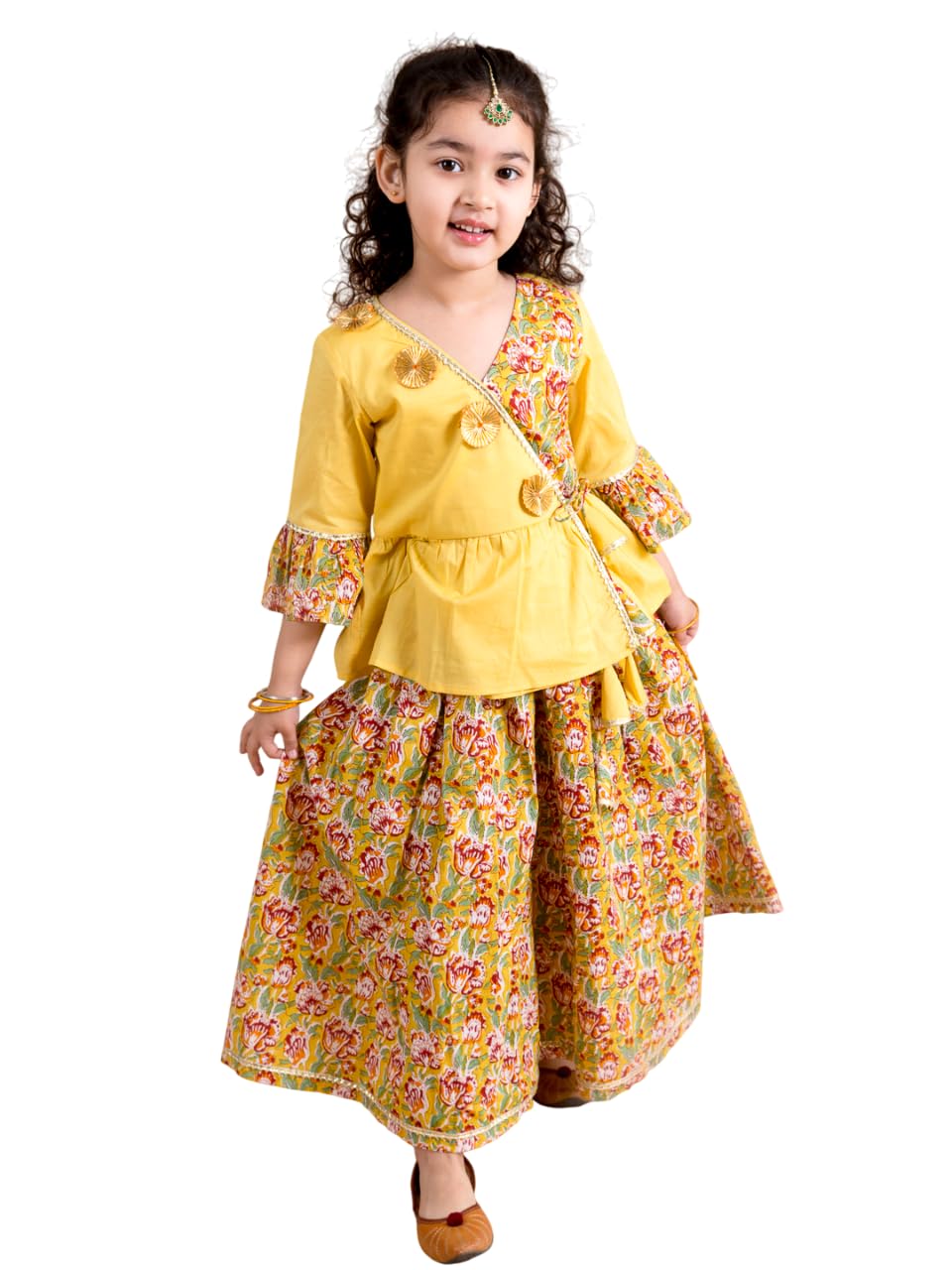 Pspeaches Girls Cotton Fit and Flare Floor Length Dress (IW-floralmustard-7_Mustard