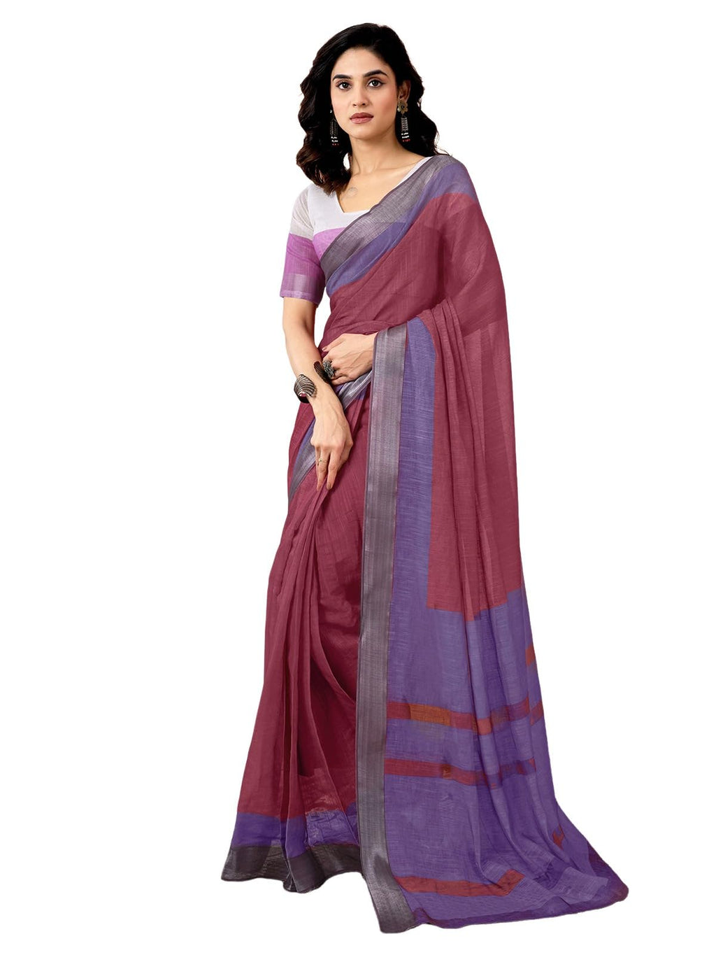 Satrani Womens Linen One Minute Pre Stitched Zari Stripe Border Printed Ready To Wear Saree With Attached pocket & Unstitched B