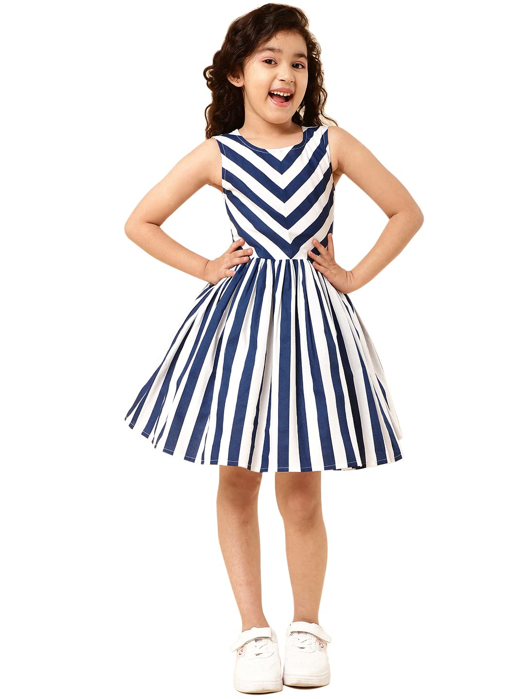 A.T.U.N. (ALL THINGS UBER NICE) Girls Navy Stripe Sleeveless Fit and Flare Knee Length Dress