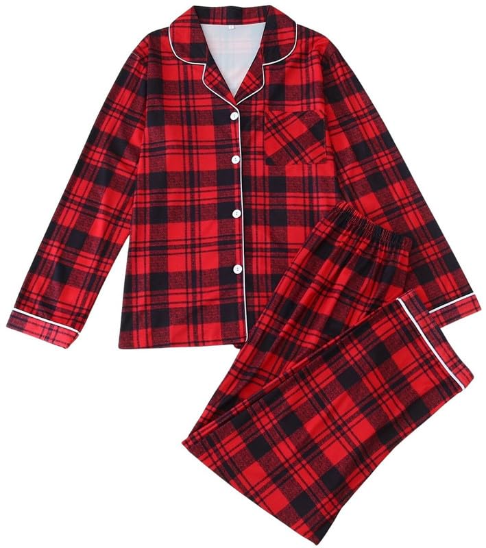 PABROS Girls Cotton Lycra Pajama Set, ButtonDown Long Sleeve Top with Pants, Checkered Pattern, Summer Loungewear Sleepwear 18-24
