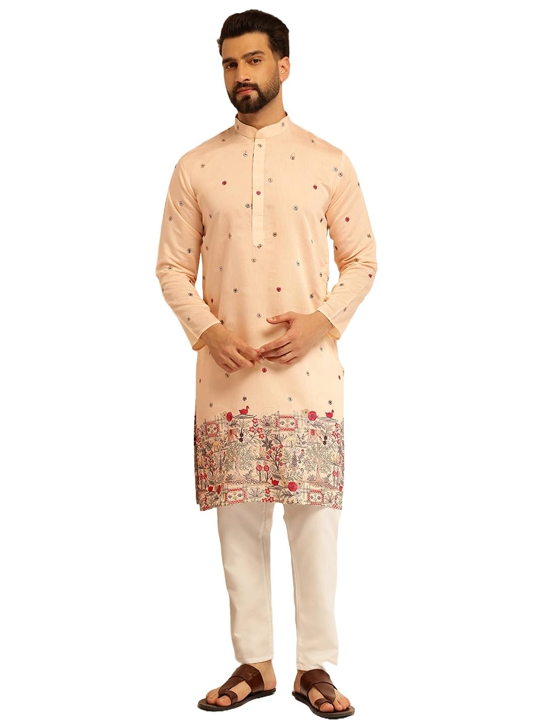 SOJANYA (Since 1958 Mens Cotton Silk Daman Embroidered Peach Kurta With White Pyjama