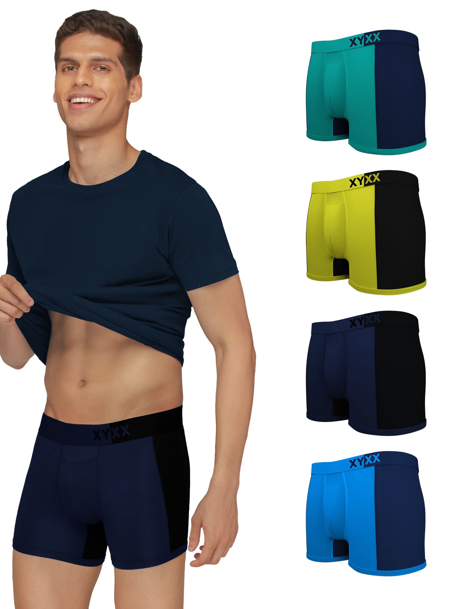 XYXX Mens Modal Solid Trunks (Pack of 5) (XYTRNK5PCKN114_Brilliant Blue & Black Iris & Black + Lime Punch & Black + Navigate & 