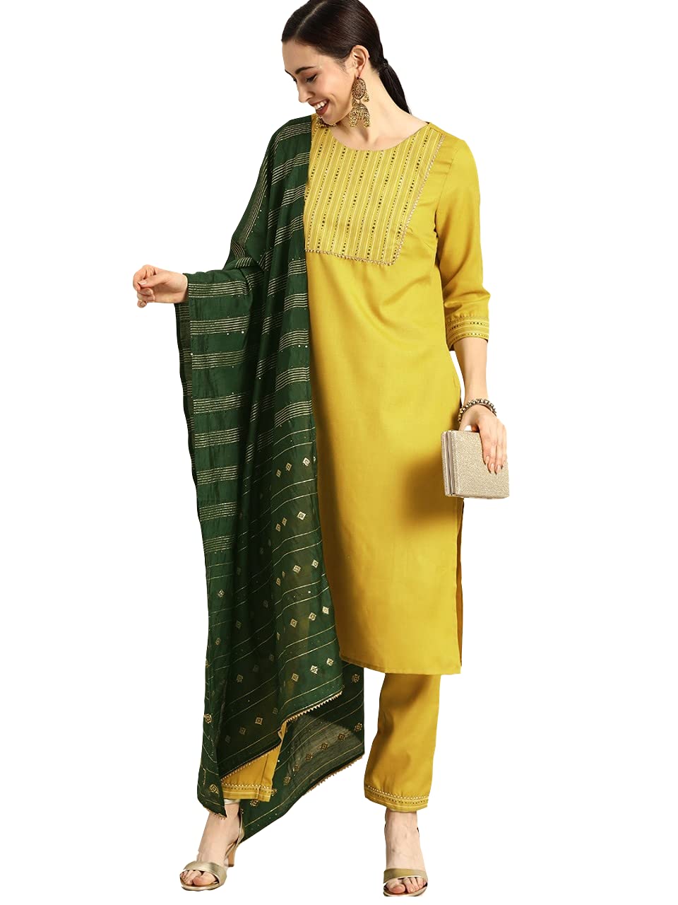 ANNI DESIGNER Womens Ruby Cotton Straight Solid Kurta with Palazzo & Dupatta (SURAT Mehandi_M-Yellow_X-Large)
