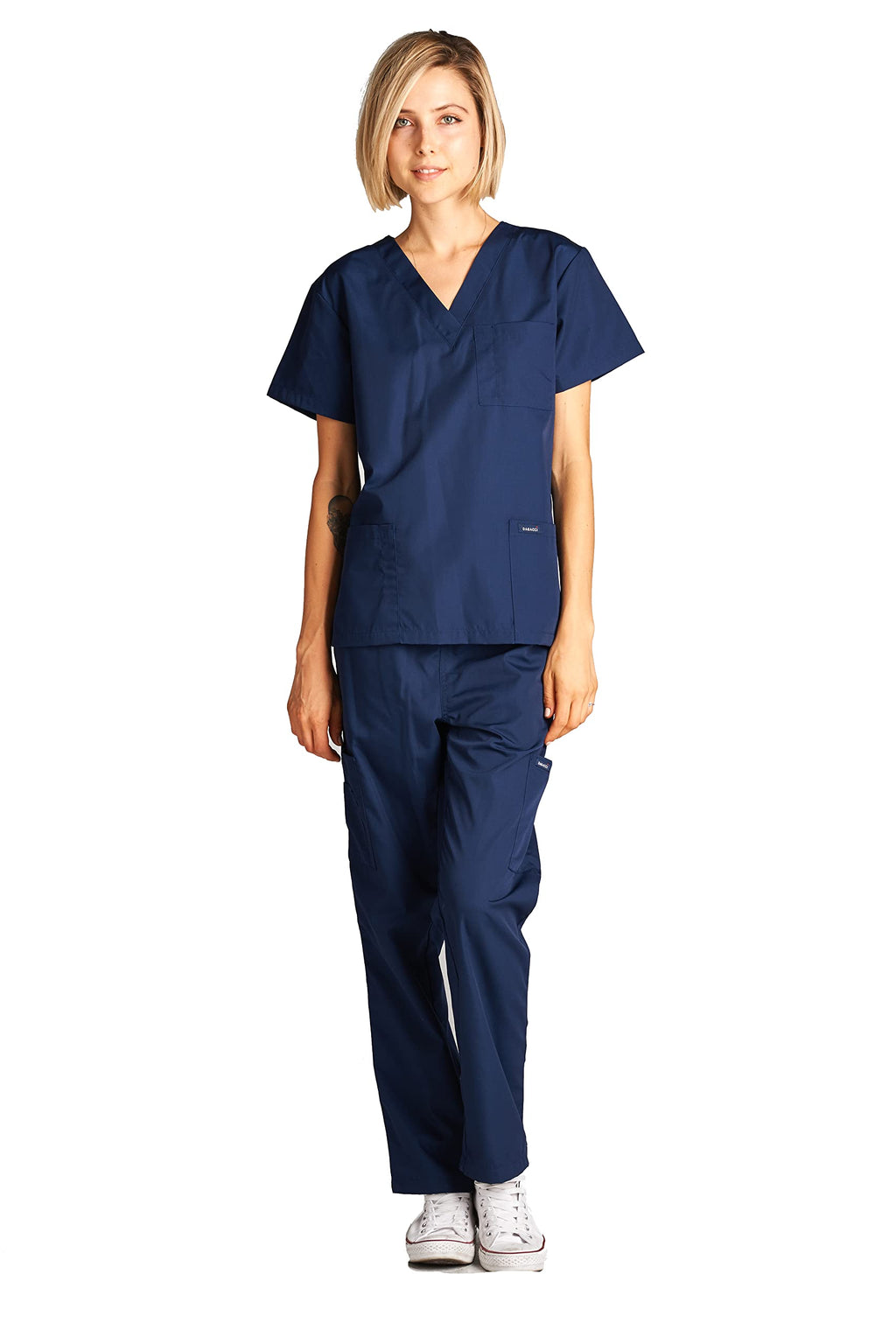 Dagacci Medical Uniform Woman and Man Scrub Set Unisex Medical Scrub Top and Pant, Navy, S