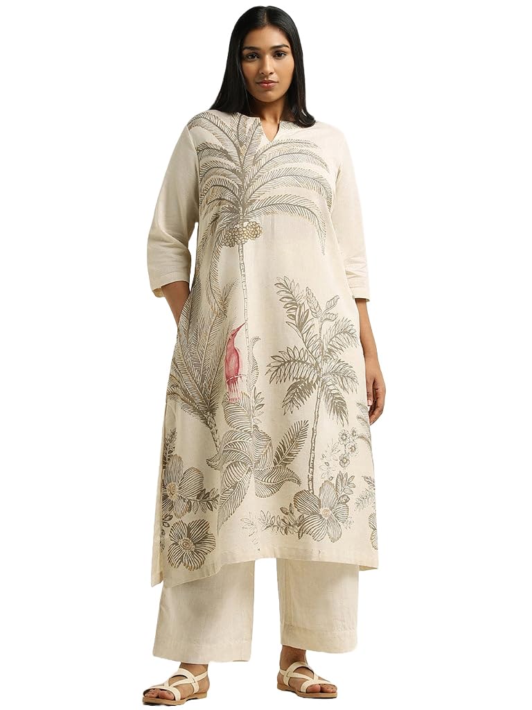 ANNI DESIGNER Womens Cotton Blend Straight Printed Kurta with Pant (Nenisha Cream_L_Cream_Large)