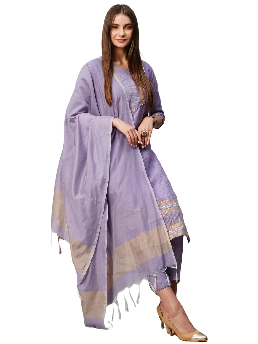 ANNI DESIGNER Womens Cotton Blend Printed Straight Kurta with Pant & Dupatta (Date-Purple_L_Purple_Large)