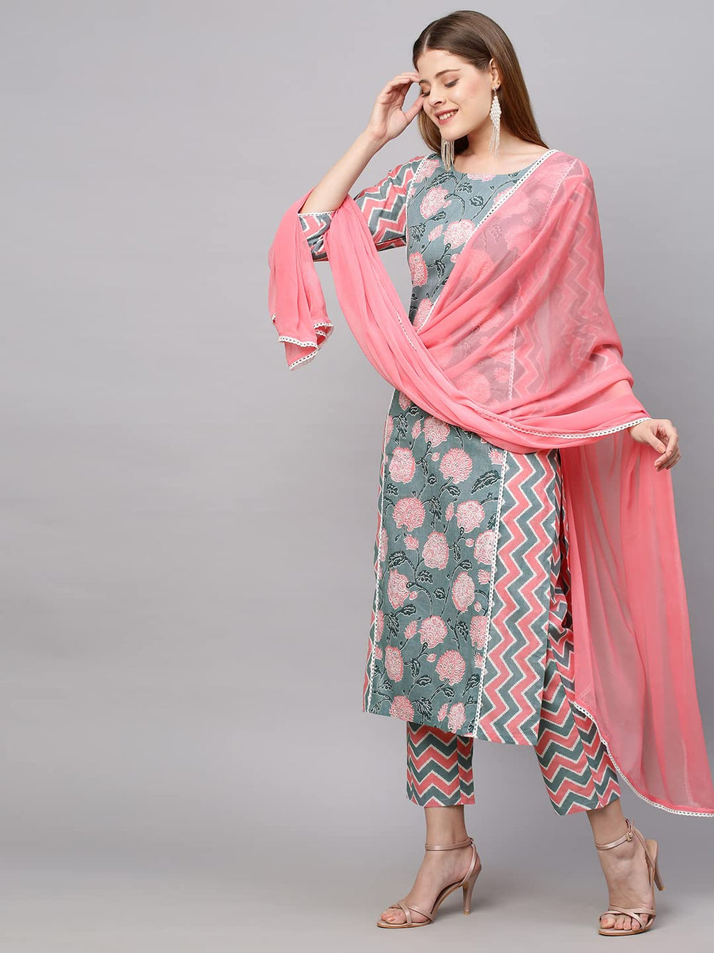 ANNI DESIGNER Womens Cotton Blend Straight Printed Kurta with Pant & Dupatta (Jam001-Grey_M_Dark Blue_Medium)