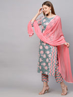 ANNI DESIGNER Womens Cotton Blend Straight Printed Kurta with Pant & Dupatta (Jam001-Grey_M_Dark Blue_Medium)