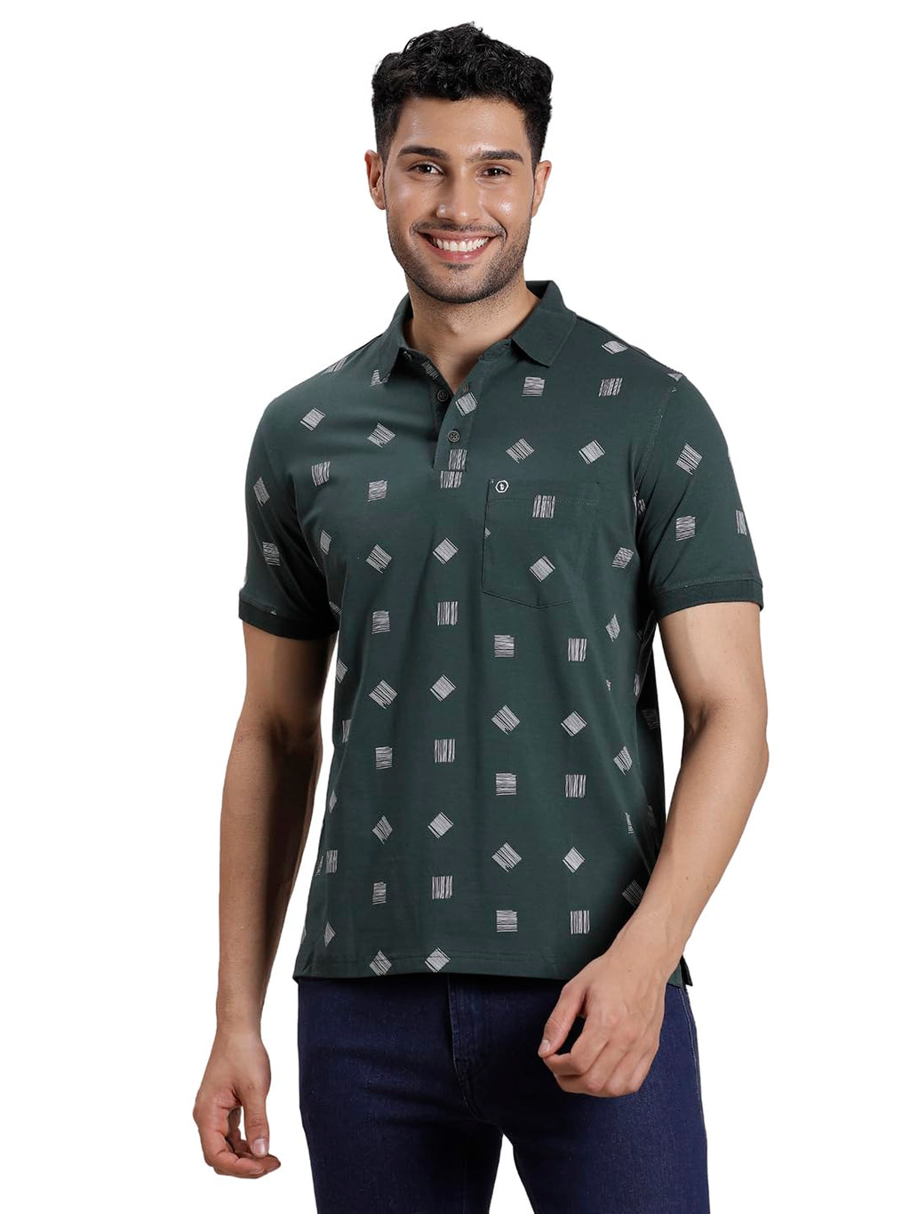Turtle Men Cotton Stretch Printed Dark Green Polo Tshirt
