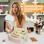 JOINDO Large Capacity Travel Cosmetic Bag, Chenille Letter Preppy Makeup Bag, PU Leather Open Flat Toiletry Bag Organizer with D