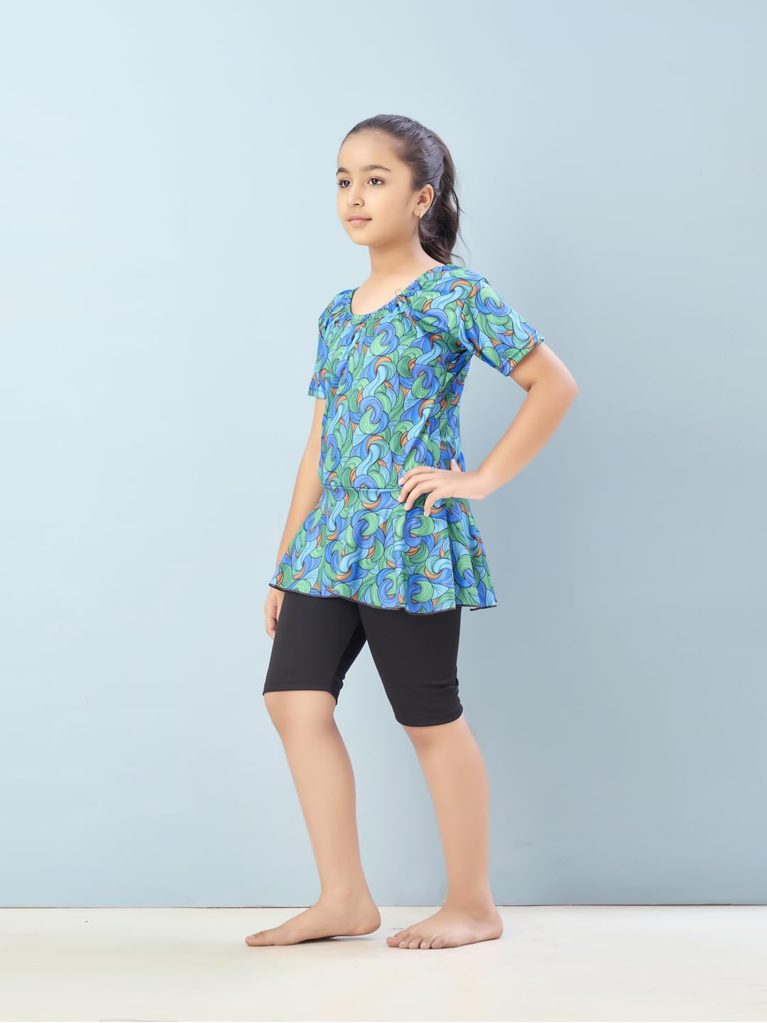 Aarika Girls Sports Wear Green-Black Colour Abstract Print Nylon Swim Suit (5-15 Years)-(SW-SHM-CA-1117)