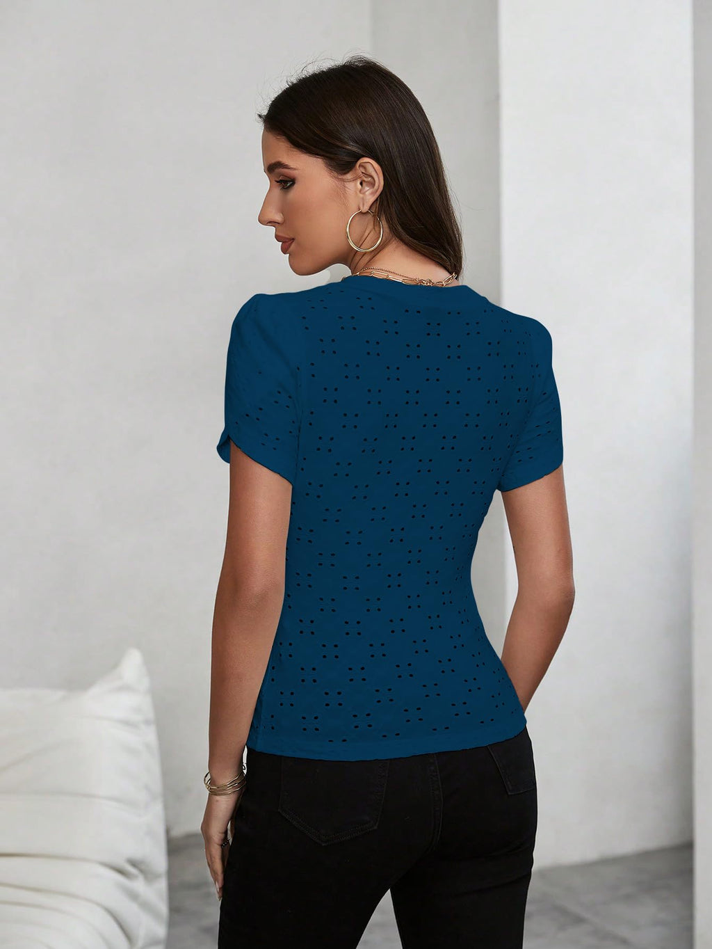 Sugathari Girls & Womens Indigo Blue Eyelet Embroidery Knitted V Neck Casual Slim Fit Women T-Shirt, Short Sleeve Schiffli Cro