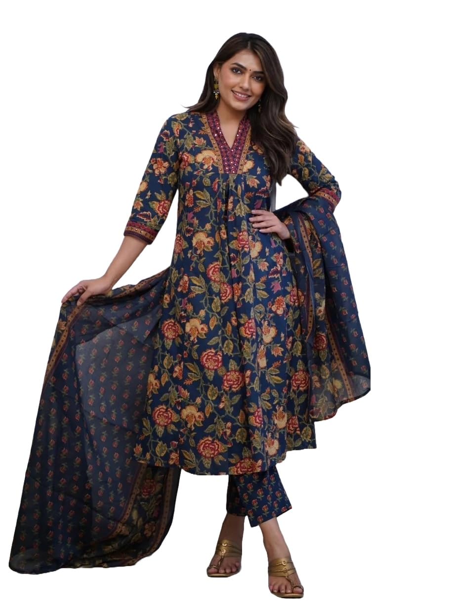Nermosa Women Printed A-Line Kurta And Pant Set With Dupatta (In, Alpha, 2Xl, Blue)