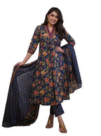 Nermosa Women Printed A-Line Kurta And Pant Set With Dupatta (In, Alpha, 2Xl, Blue)