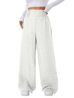 Sugathari Womens Off-White Casual Wide Leg Pants  High Waist Elastic Waistband Loose Fit Long Trousers | Lightweight Straight L