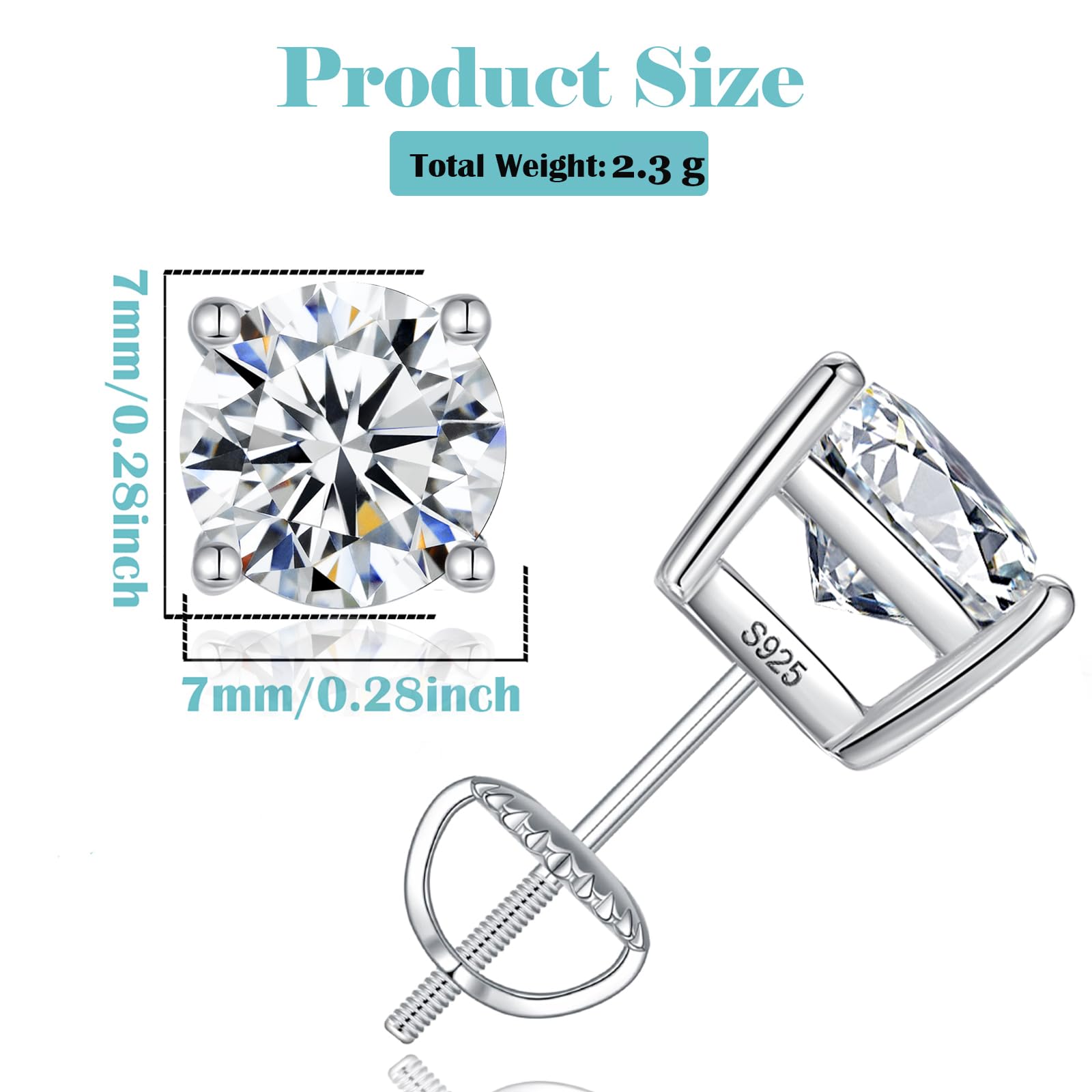 925 Sterling Silver Earrings for Women: Round Cubic Zirconia Screw Back Stud Earrings for Sensitive Ears Hypoallergenic Small Ea