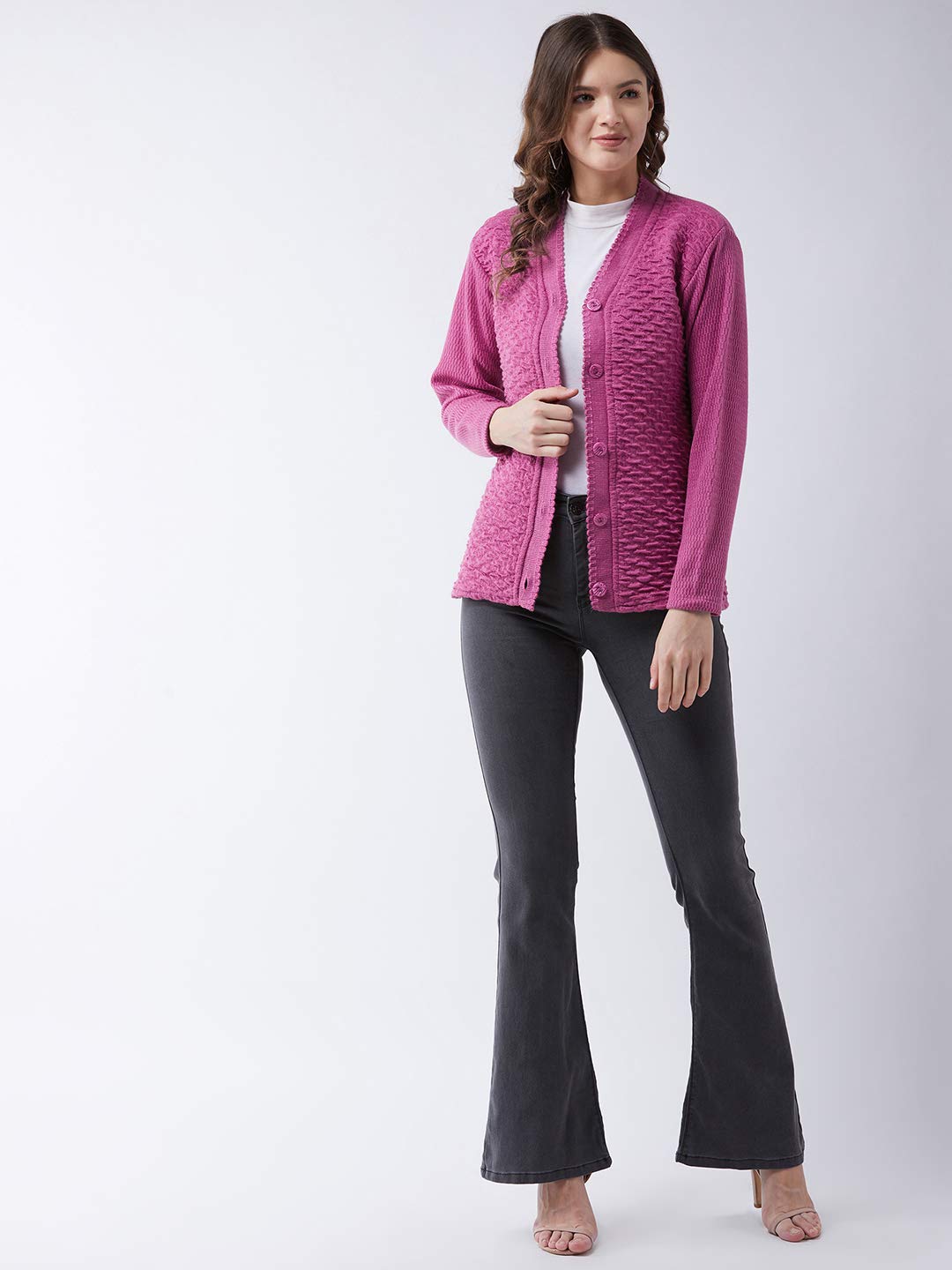 Pivl Womens Blended V-Neck Cardigan Sweater (PV502_Light Pink