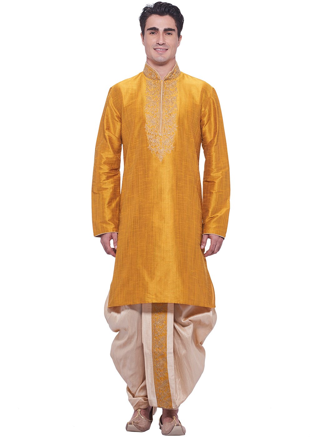 Manyavar MenS Cotton Plain Regular Kurta And Dhoti Pant Set (S952475-328-M_Yellow_M)