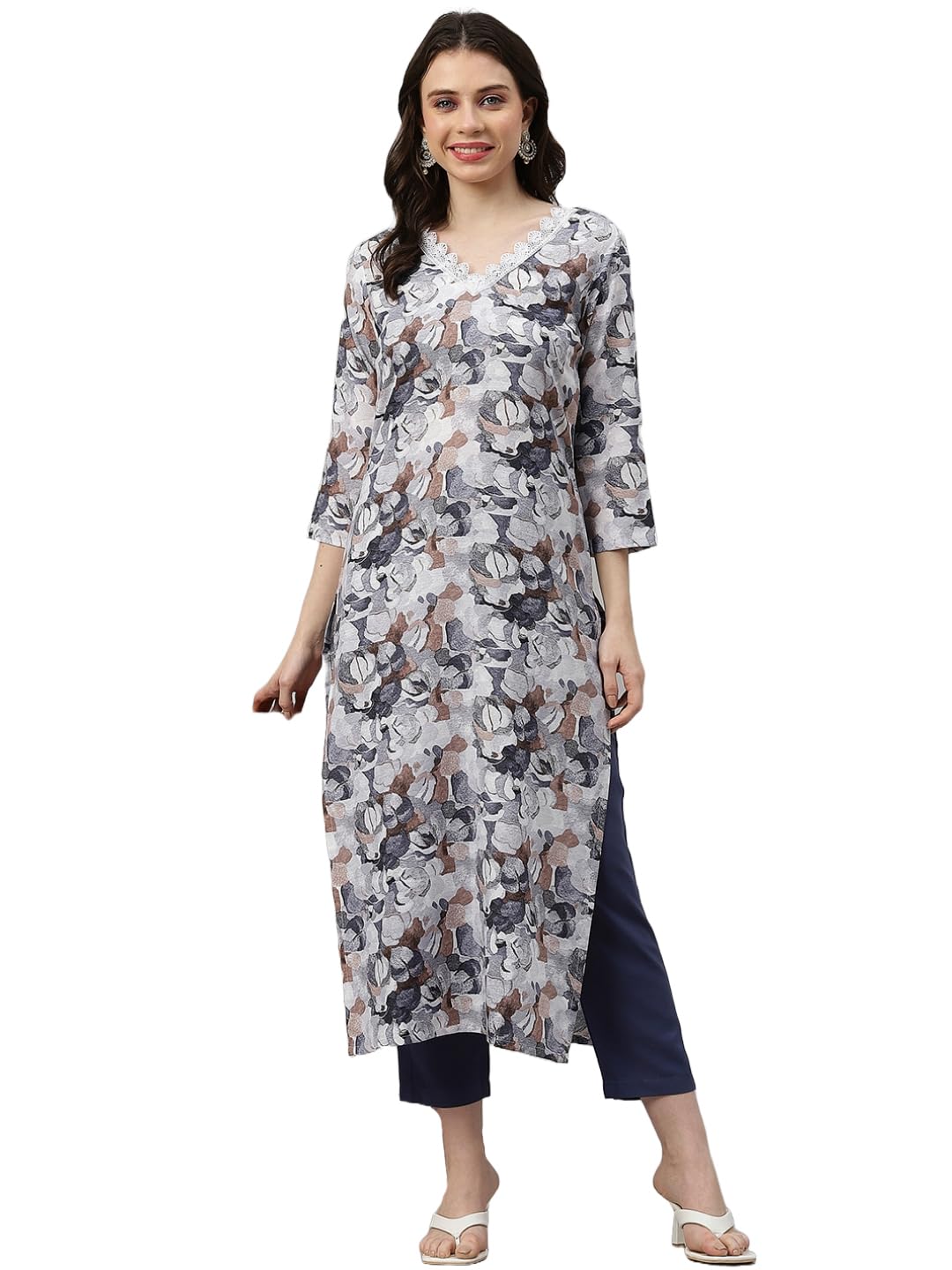 ANNI DESIGNER Womens Cotton Blend Straight Fit Printed Kurta with Pant (SouthZ Grey-NW_M_Blue_Medium)