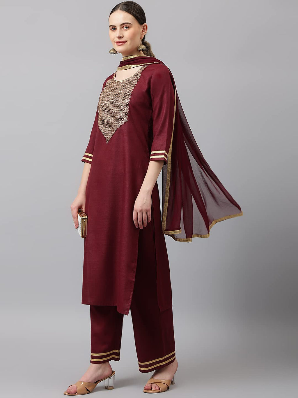 Anni Designer Women'S Cotton Blend Straight Solid Kurta With Palazzo & Dupatta (Label-Nw)