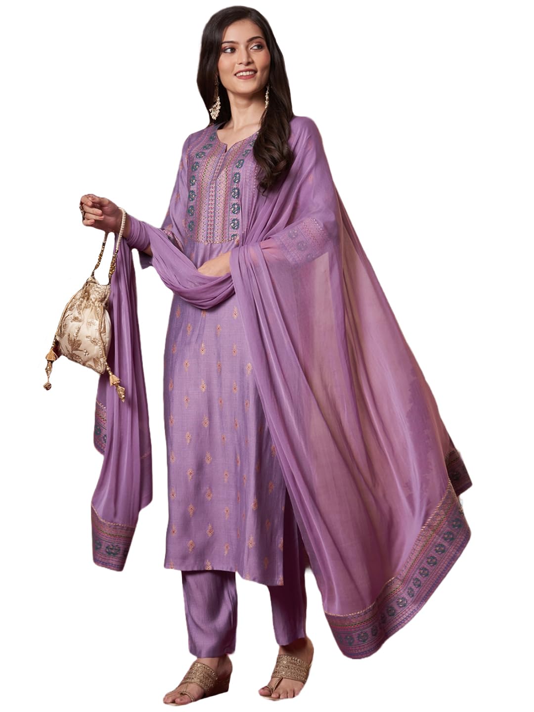 ANNI DESIGNER Women s Viscose Rayon Straight Kurta with Trousers and Dupatta, purple, 40