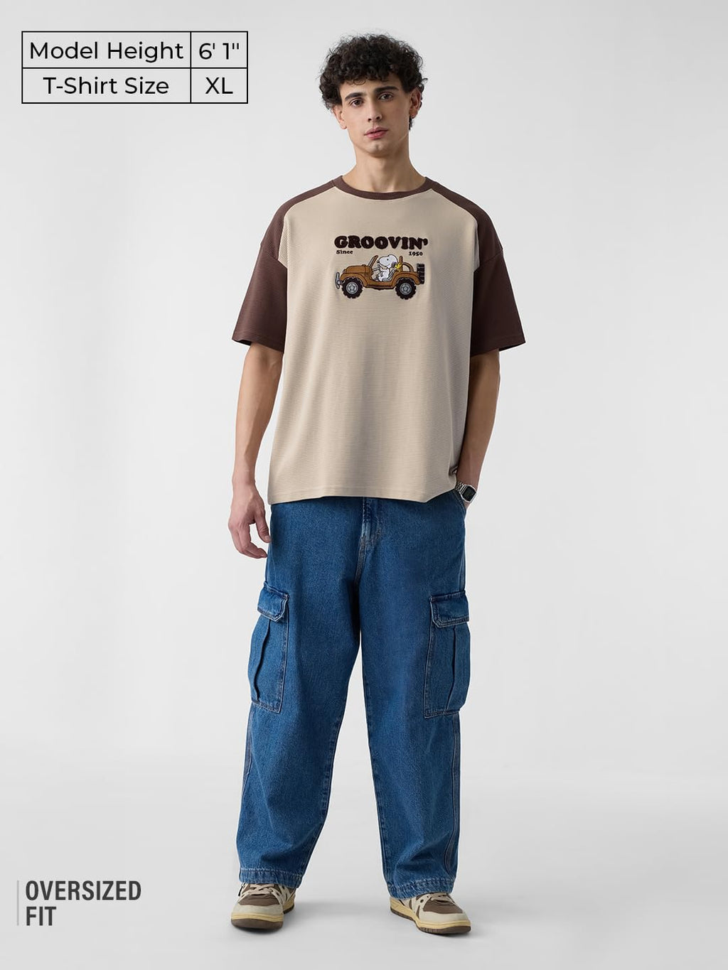 The Souled Store Ottoman: Peanuts Groovin Men and Boys Short Sleeves Round Neck Brown Embroidered Cotton Oversized T-Shirts