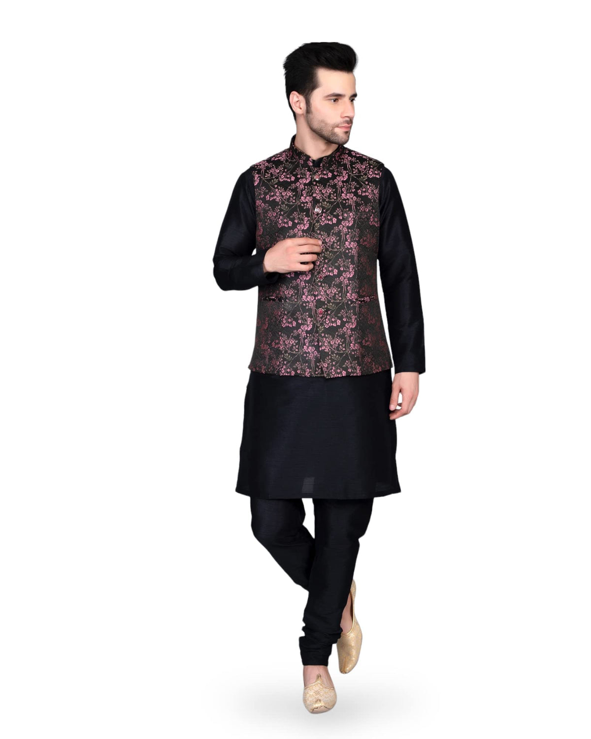 Ethluxis MenS Silk Blend Kurta Churidar Pyjama With Ethnic Bundi Jacket Set (46, Black/Pink) 3