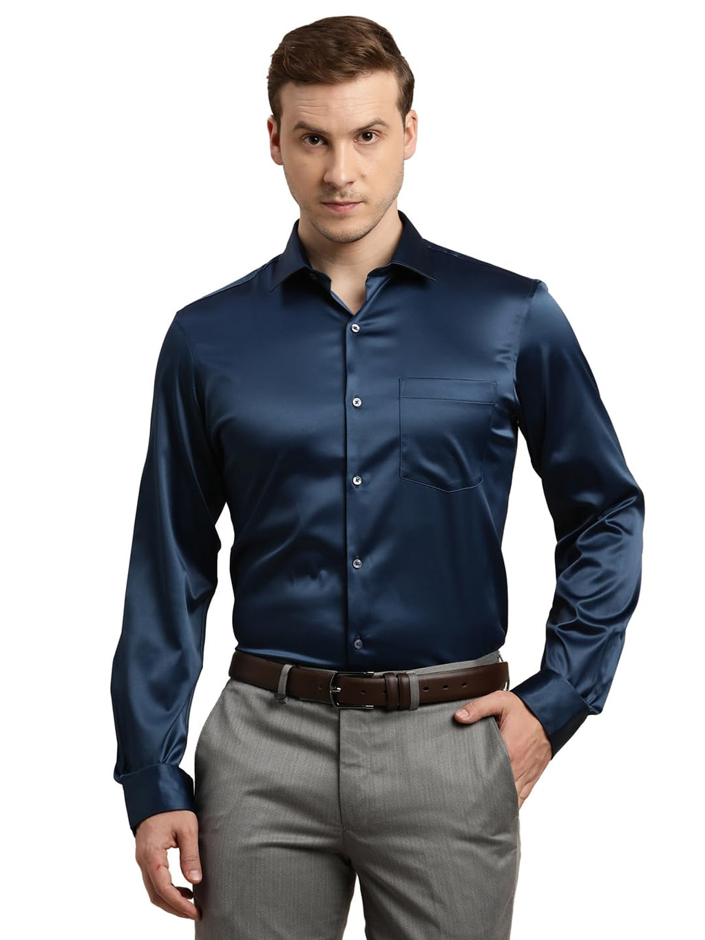 Turtle Men Poly Satin Blue Solid Slim Fit Full Sleeve Ceremonial Shirt