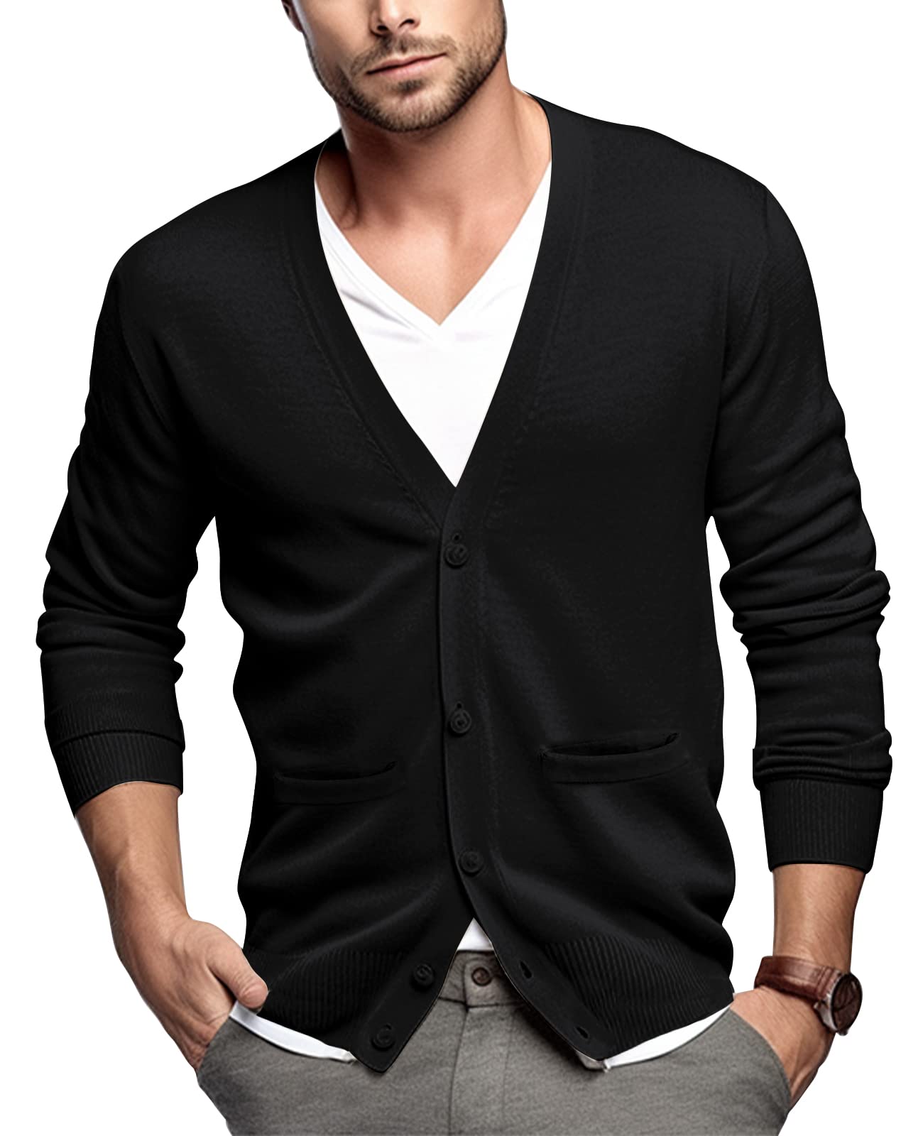 QUALFORT Men's Black Cardigan Sweater V-Neck Casual Button Up 100% Cotton Cardigan Sweater with Pockets Black 3X-Large