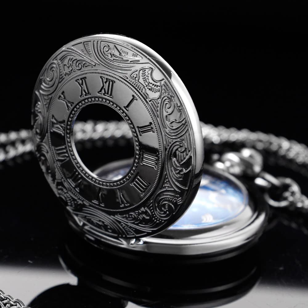 Tiong Roman Numerals Scale Pocket Watch Blue Starry Night Moon Dial Men Pocket Watch with Chain Christmas Graduation Birthday Gi