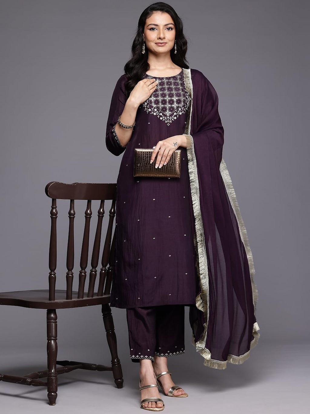 Varanga WomenS Purple Thread Embroidered Sequins Embellished Straight Kurta Paired With Bottom And Dupatta