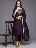 Varanga WomenS Purple Thread Embroidered Sequins Embellished Straight Kurta Paired With Bottom And Dupatta