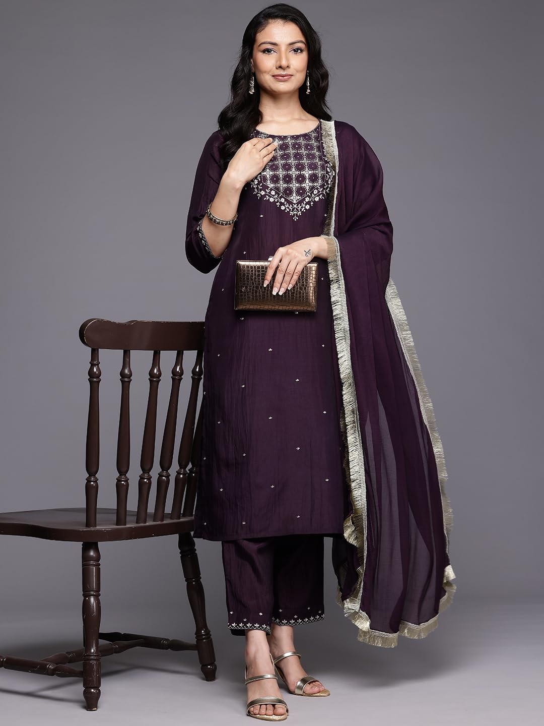 Varanga WomenS Purple Thread Embroidered Sequins Embellished Straight Kurta Paired With Bottom And Dupatta