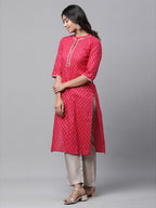 Aurelia WomenS Foil Straight Long Pink Cotton Kurta