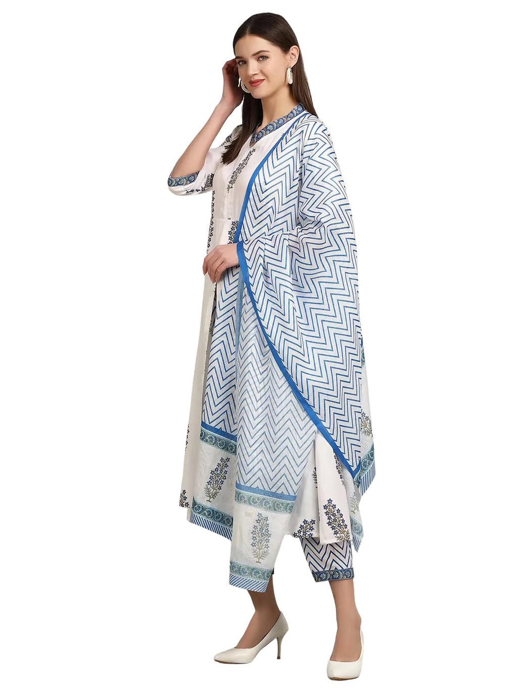 Tee Projekt WomenS Cotton Blend Collared Neck Block Printed Kurta Pant With Dupatta Set White