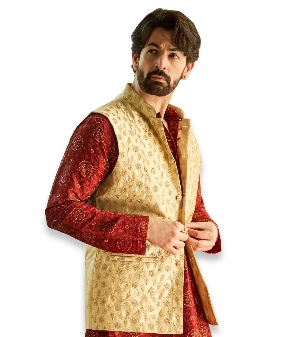 SOJANYA (Since 1958 Mens Silk Blend Beige & Gold Self Design Nehru Jacket, Size: 44