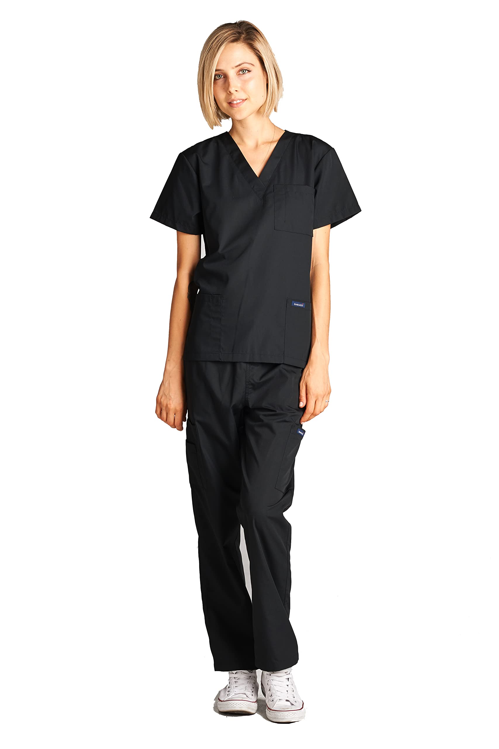 Dagacci Medical Uniform Woman and Man Scrub Set Unisex Medical Scrub Top and Pant, Black, XXL