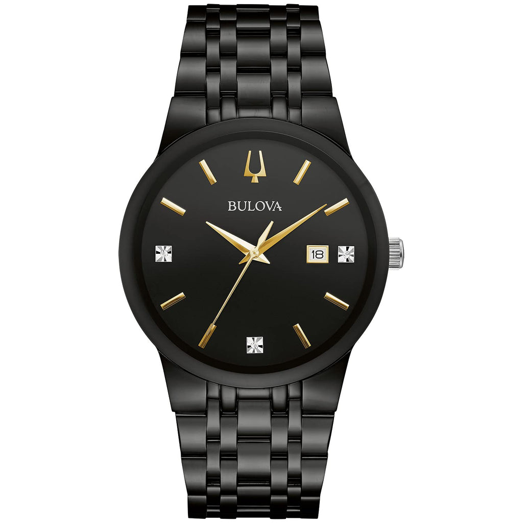 Bulova Men's Modern Black Ion-Plated Stainless Steel 3-Hand Calendar Date Quartz Watch, Gold Tone Accents and Diamond Dial, 40mm
