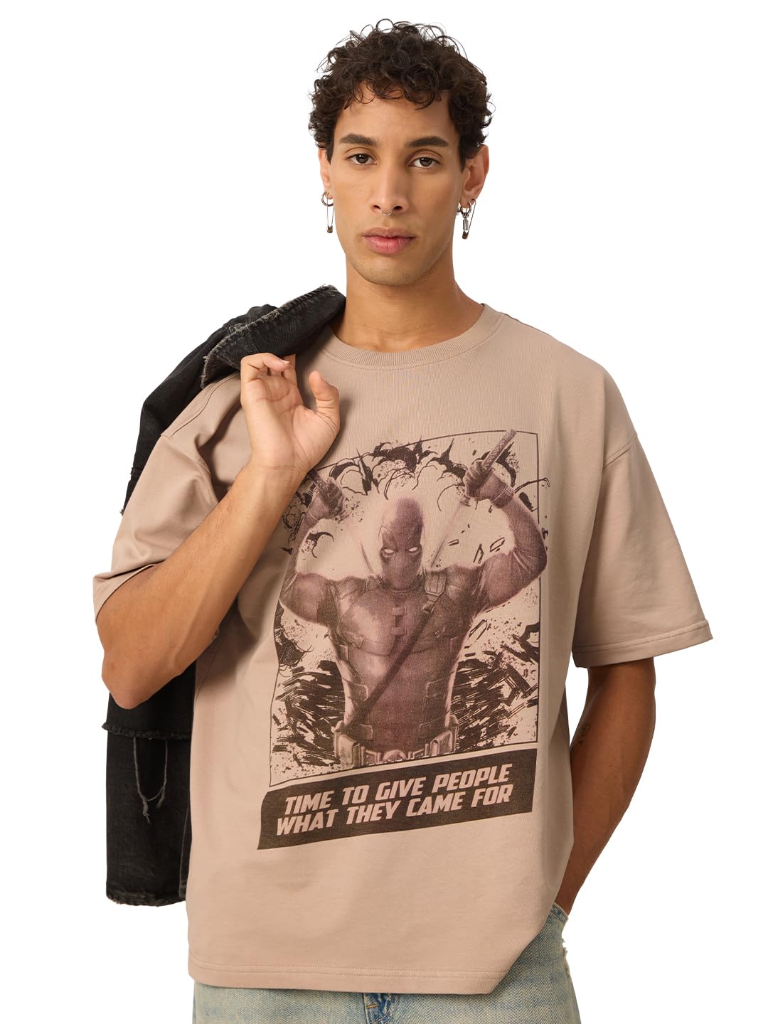 The Souled Store Official Deadpool : Time to Give People Oversized T-Shirt for Men Boys Cotton Casual Half Sleeves Baggy Loose F