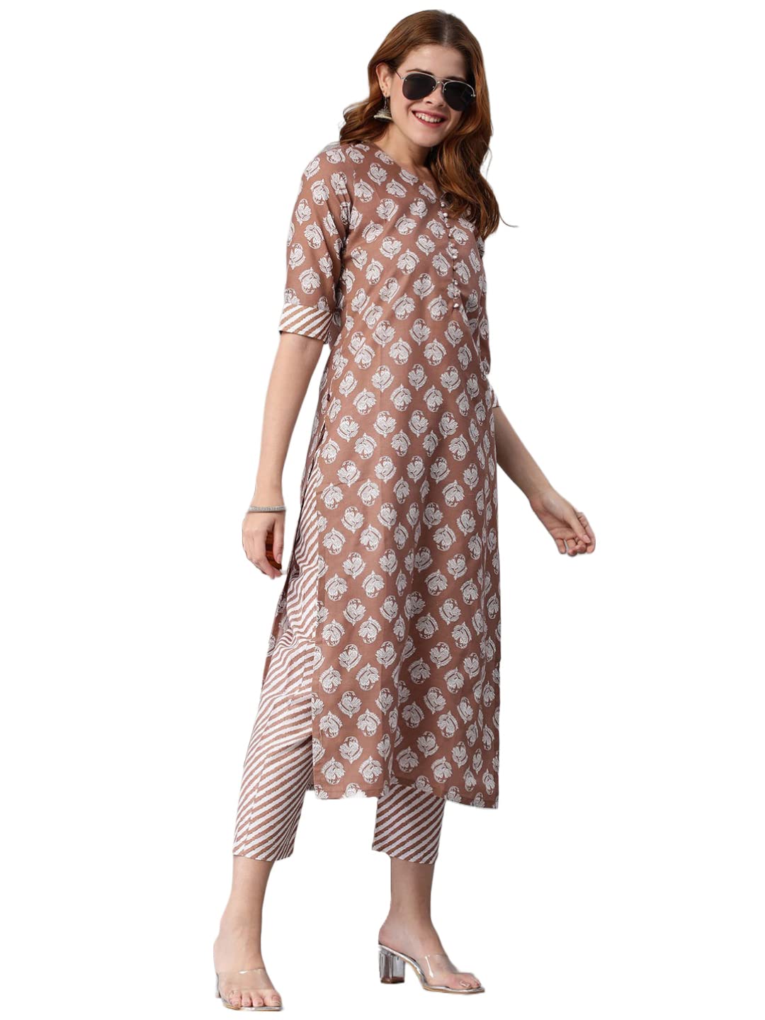 Gosriki Women'S Cotton Blend Printed Straight Kurta With Pant (Funnu Brown-Nw5-Gs_Xxl_Brown_Xx-Large)