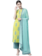 Gosriki Women'S Cotton Blend Straight Printed Kurta With Pant & Dupatta (Pari Green-Gs_S_Green_Small)