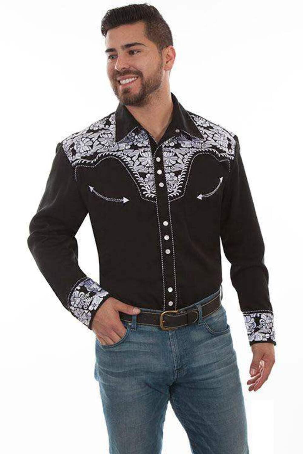 Scully White Floral Tooled Embroidered Snap Front Shirt P634 BLW **, Black, Large-New Condition