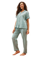 Clovia Women Rayon Blend Sassy Stripes Button Me Up Shirt & Pyjama Set (LS0385F11_Green_XL)