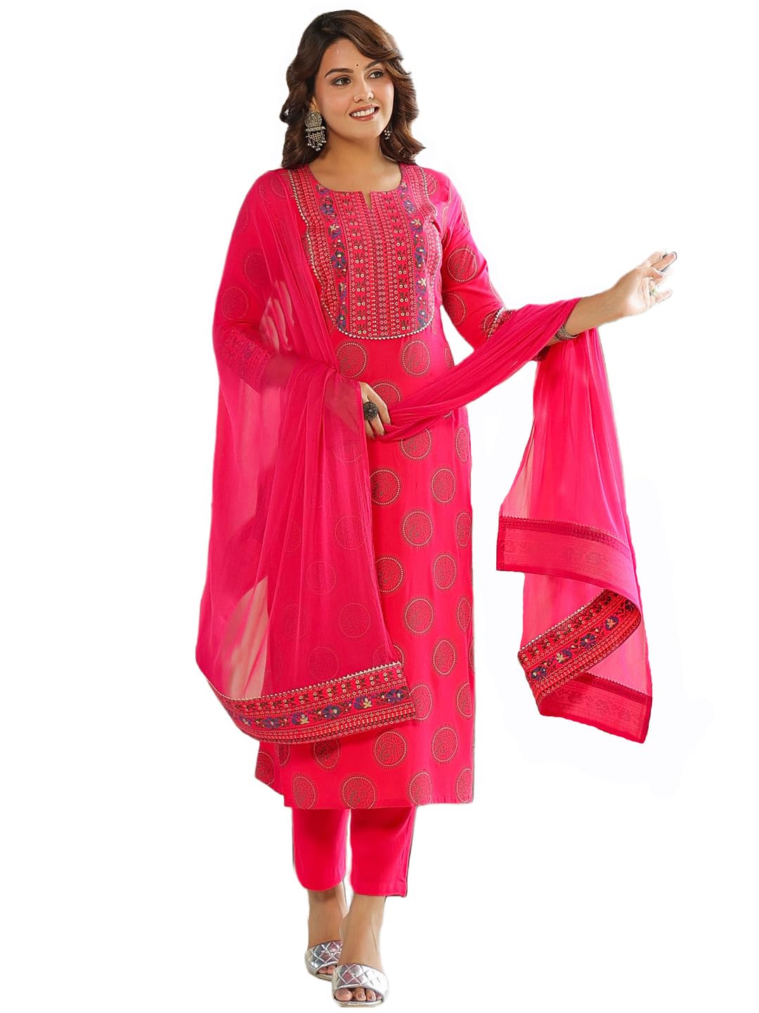 ANNI DESIGNER Ladies Cotton Blend Kurta with Trousers and Dupatta, pink, M