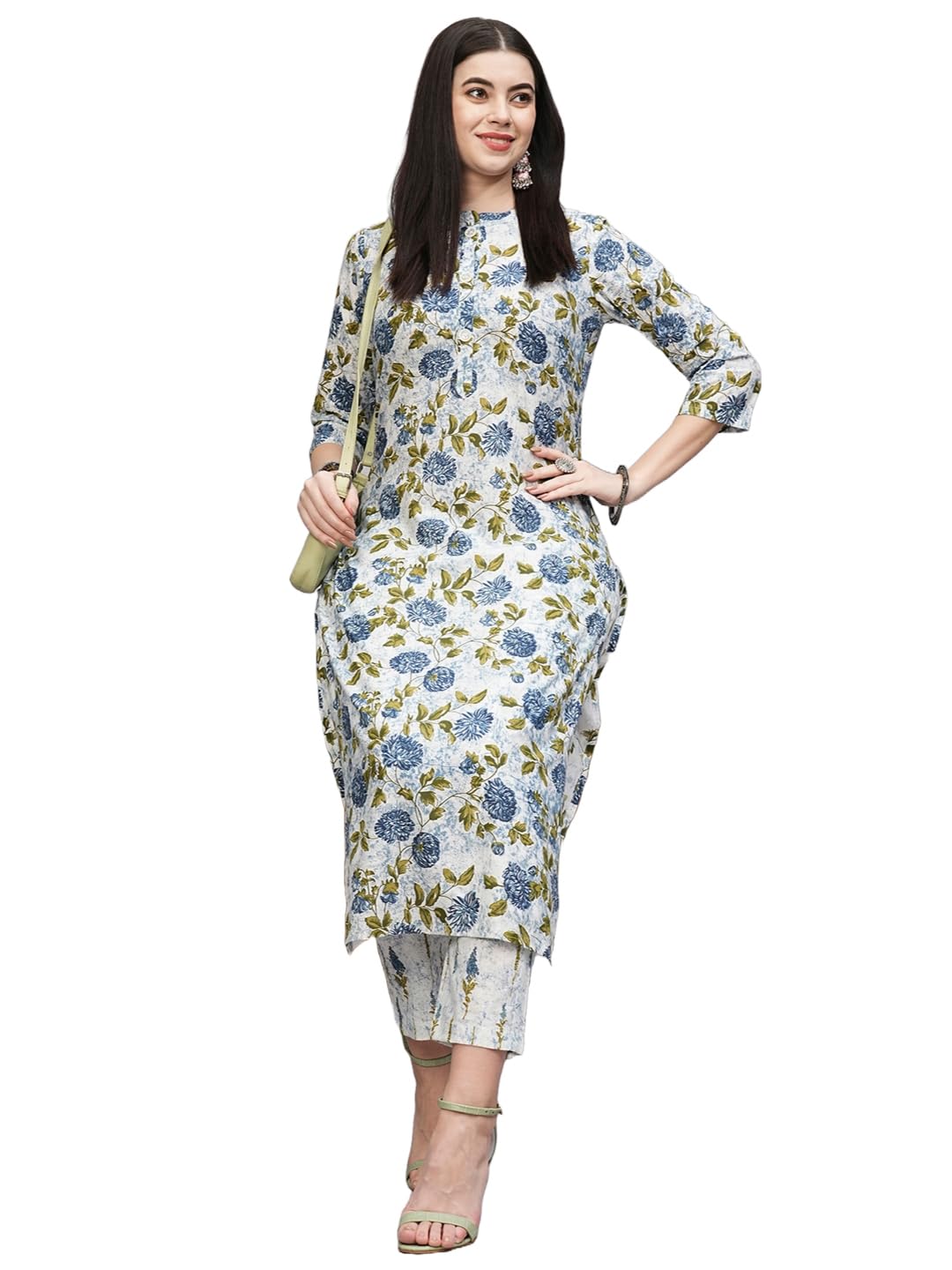 ANNI DESIGNER Womens Cotton Blend Straight Printed Kurta with Pant (Dafiya Green_M_Green_Medium)