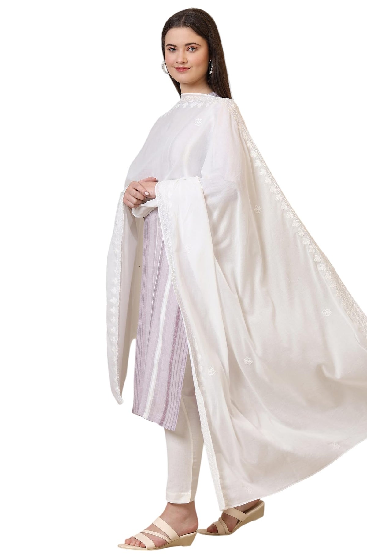 Aurelia WomenS White Schiffili Embroidered Dupatta (Size: Free Size)-A80078-E608378