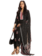 ANNI DESIGNER Women s Rayon Viscose Print Straight Kurta with Pants & Dupatta, Black, 38