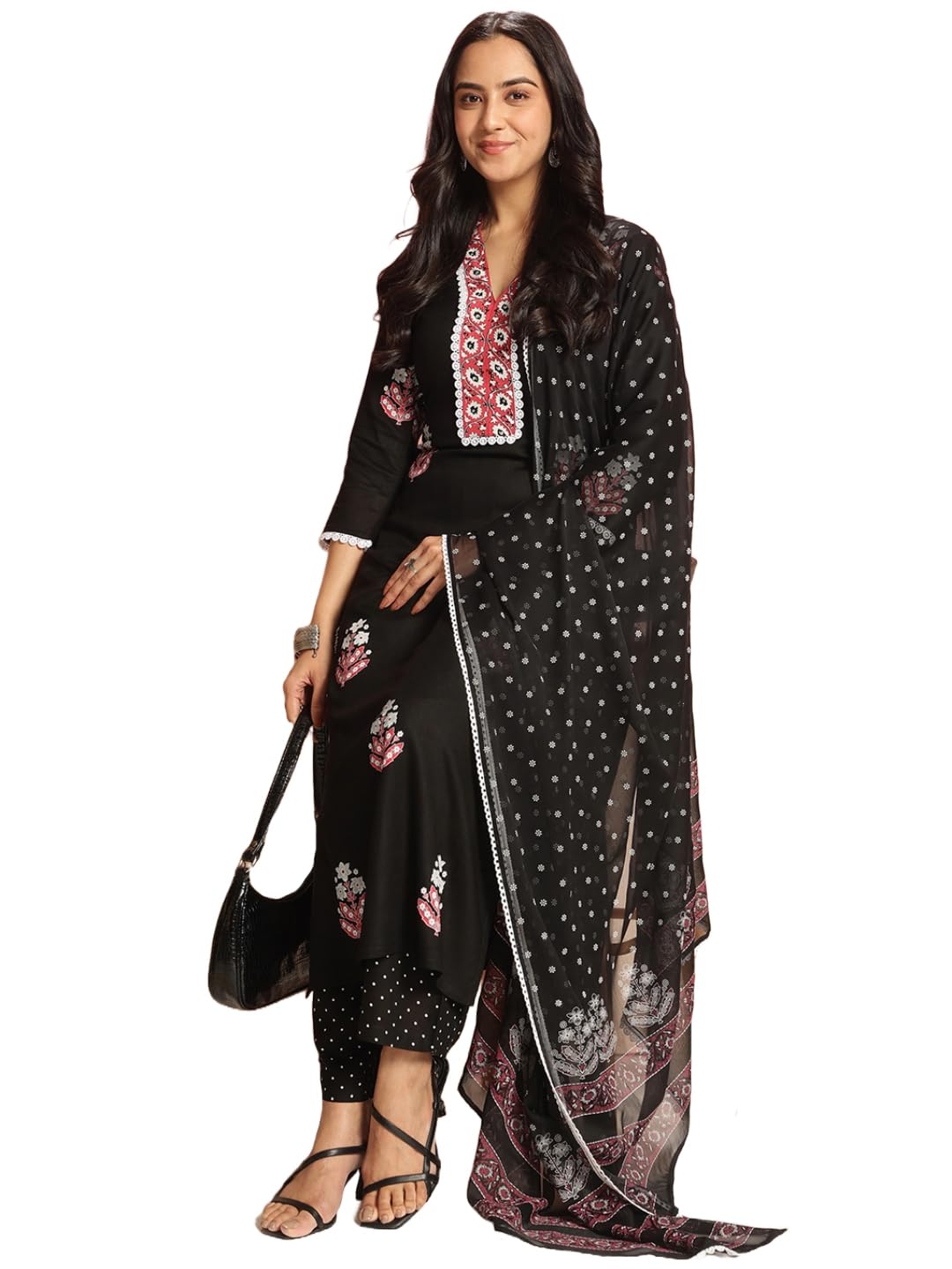 ANNI DESIGNER Women s Rayon Viscose Print Straight Kurta with Pants & Dupatta, Black, 38