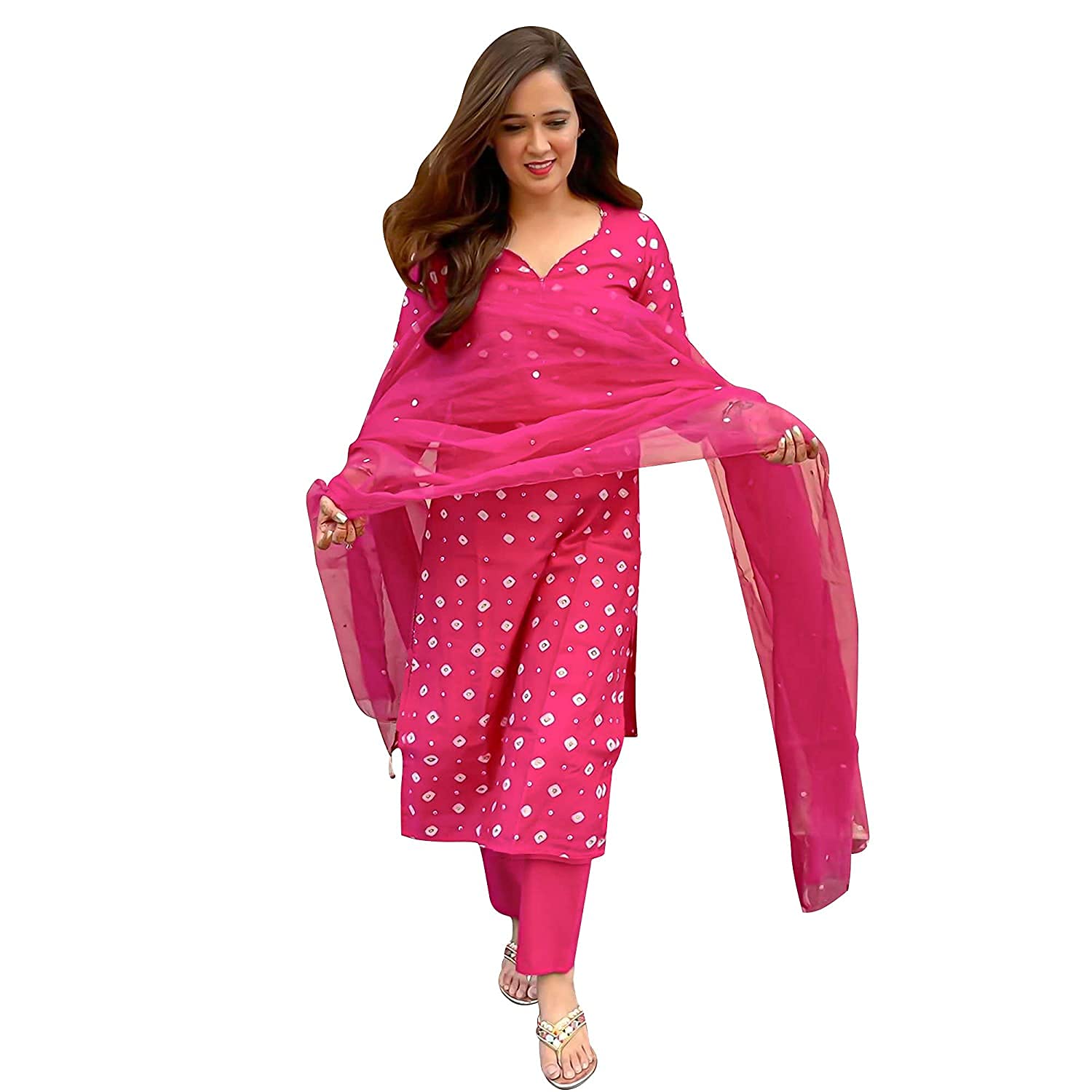 Gosriki Women'S Rayon Printed Kurta With Palazzo And Dupatta (Railing Pink_M_Pink_Medium)